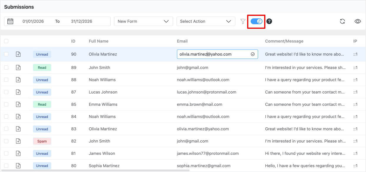 Editing an Elementor form submission inline in the Form Vibes submissions table