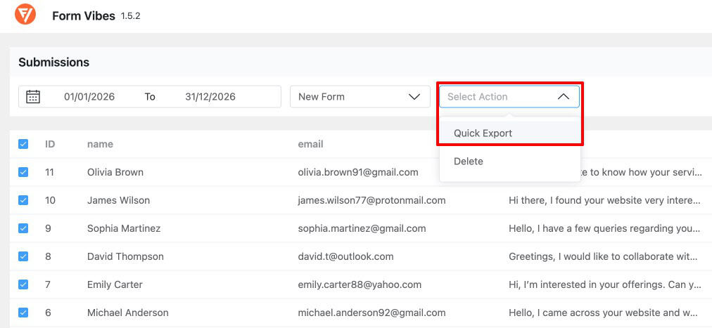 Form Vibes entries screen — filter by date range and click Quick Export to download immediately