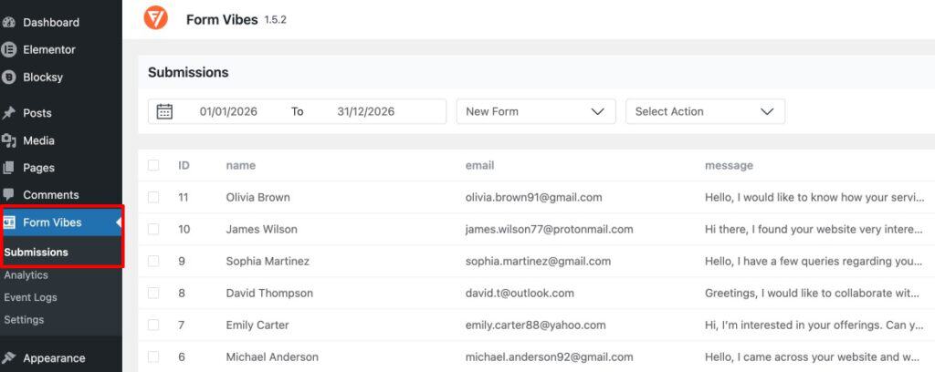 Elementor form submission captured in the Form Vibes Submissions dashboard