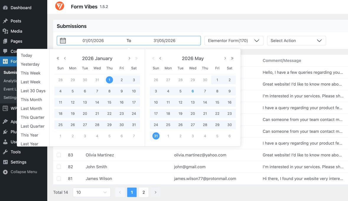 Filtering Elementor form submissions by date range in Form Vibes