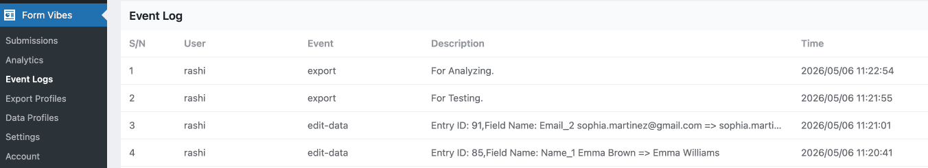 Form Vibes Event Log showing activity history for a Contact Form 7 submission
