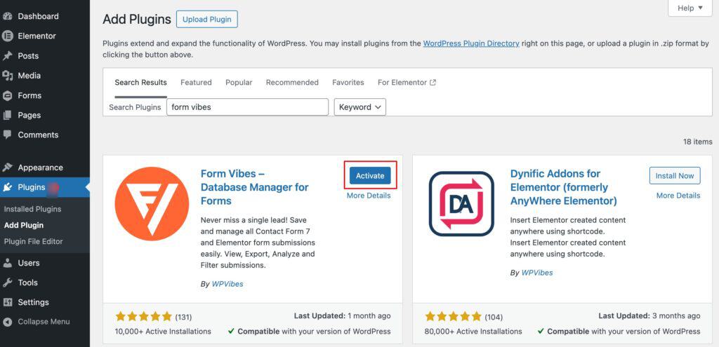 Installing Form Vibes from the WordPress plugin directory