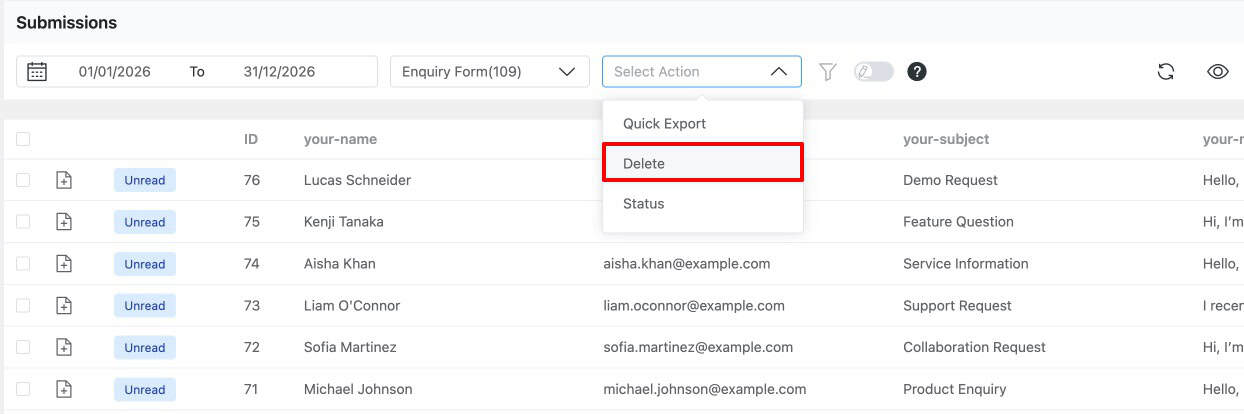 Delete Contact Form 7 submissions in Form Vibes