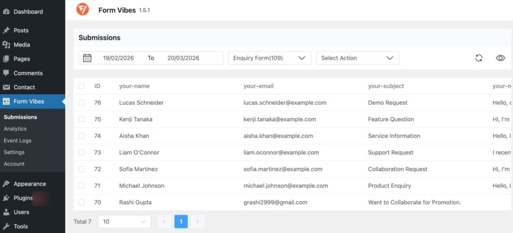 Contact Form 7 submission captured in the Form Vibes Submissions dashboard