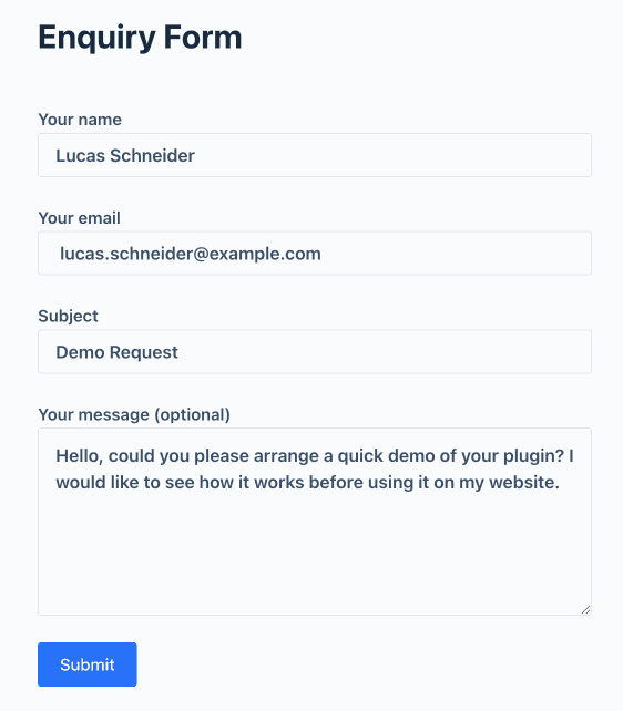 Submitting a test entry through a Contact Form 7 form on the frontend