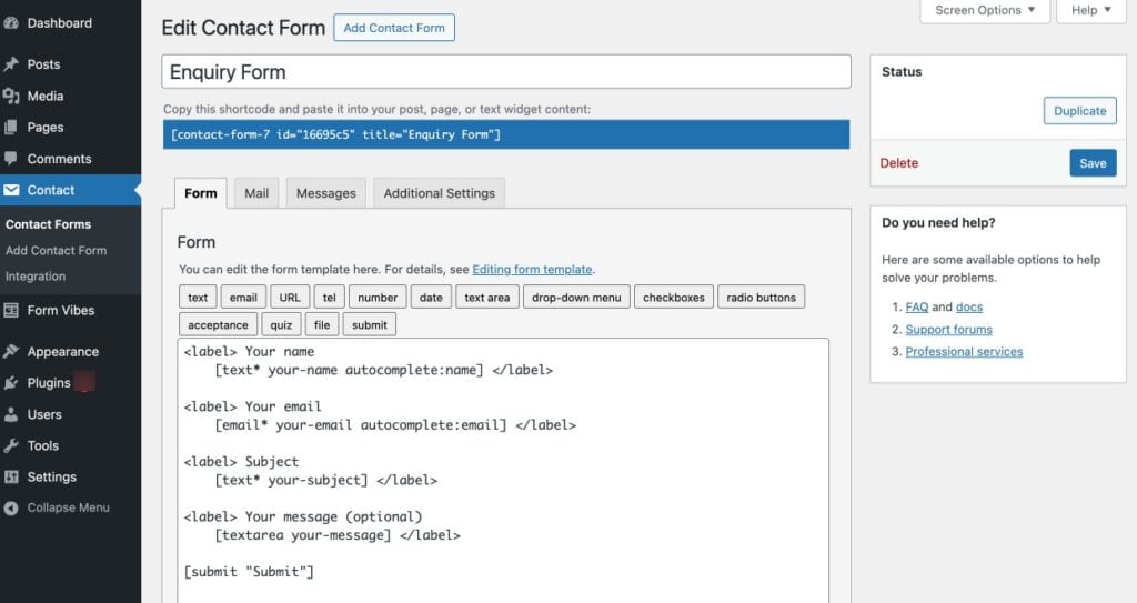 Contact Form 7 forms list in the WordPress admin