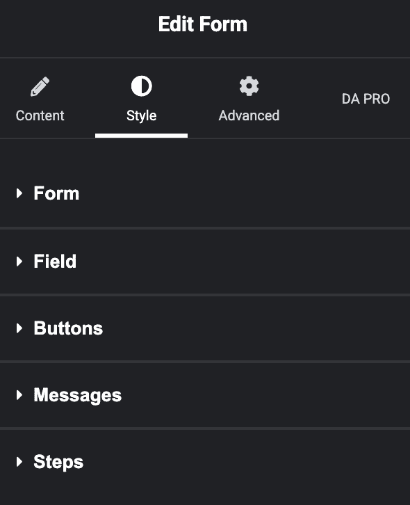 Elementor Form widget Style tab showing styling controls