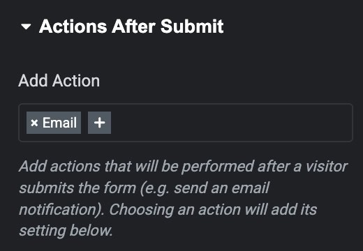Elementor form Actions After Submit panel with Email action