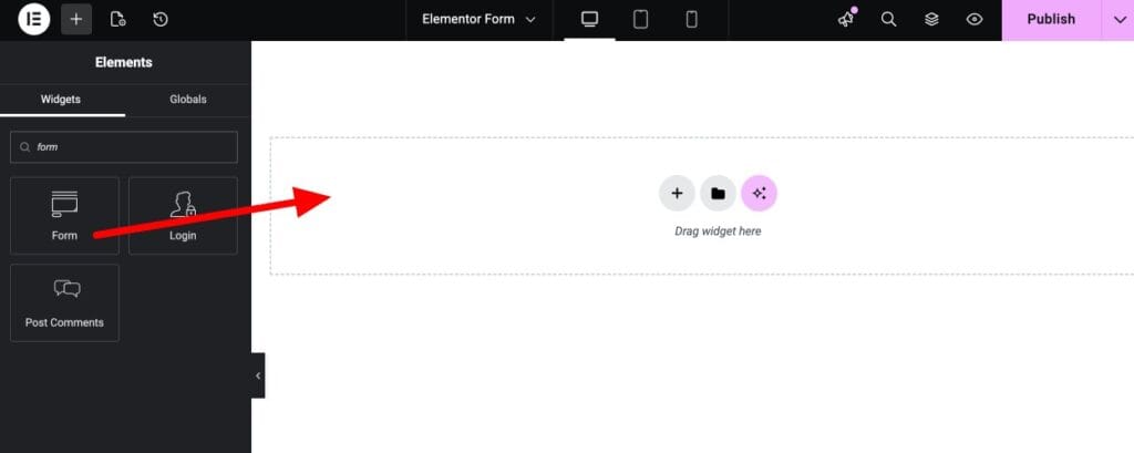 Elementor Pro Form widget placed on the editor canvas with default fields