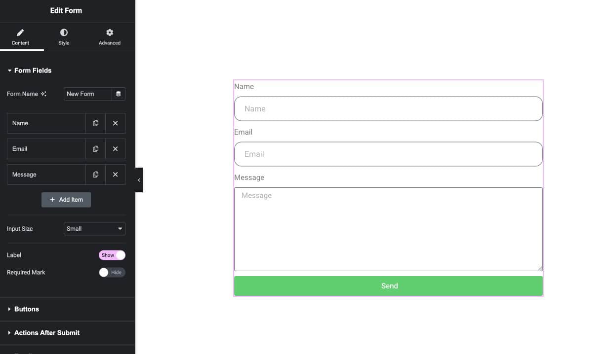 Elementor Form widget Fields settings showing field type options and Required toggle