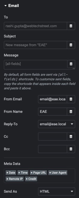 Elementor form Actions After Submit panel with Email action configuration expanded