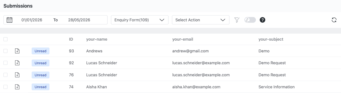 Elementor lead submissions filtered by Unread status in Form Vibes