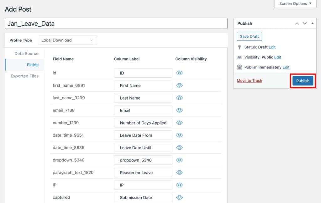 Form Vibes Export Profile Fields tab showing toggleable form fields for column selection