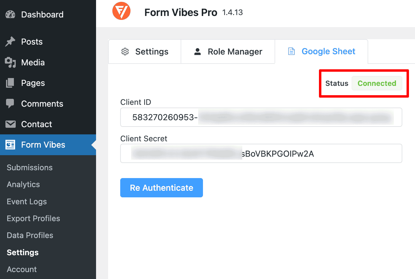 Form Vibes Export Profile configured for Google Sheets with OAuth connected and field-to-column mapping set up