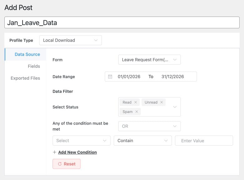 Form Vibes Export Profile Data Source tab with form selected, date range set, and a filter condition applied