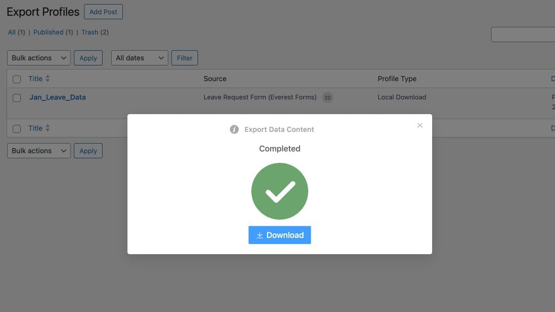 Form Vibes Export Profile with Download File confirmation popup