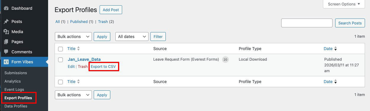 Form Vibes Export Profile with Export to CSV button