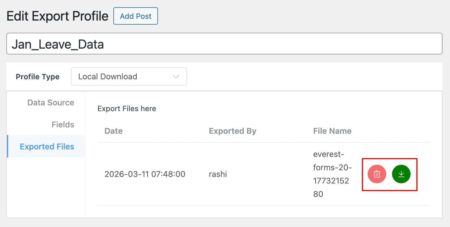 Form Vibes Export Files tab showing export history with download and delete options for past files