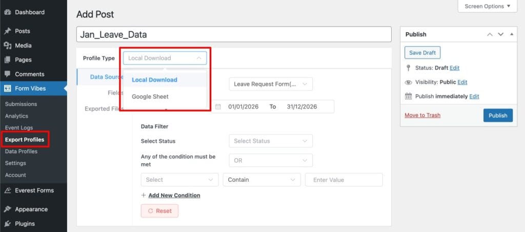 Form Vibes Export Profile setup page showing Profile Type selection between Local Download and Google Sheet