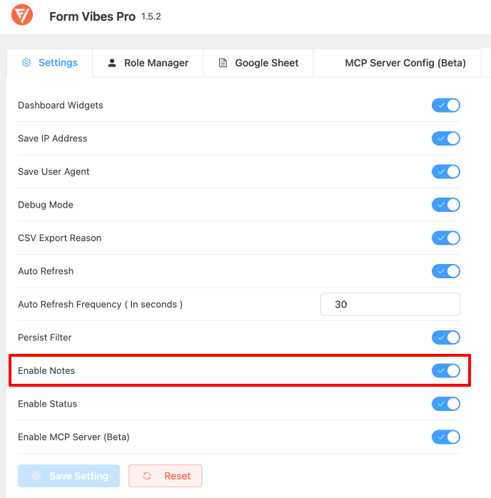 Form Vibes Settings page showing the Notes module toggle enabled