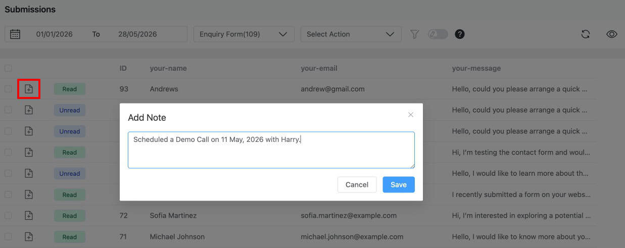 Form Vibes Add Note popup open on a submission entry with text input field