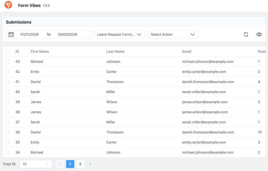 Beaver Builder form submissions captured and visible in the Form Vibes Submissions dashboard