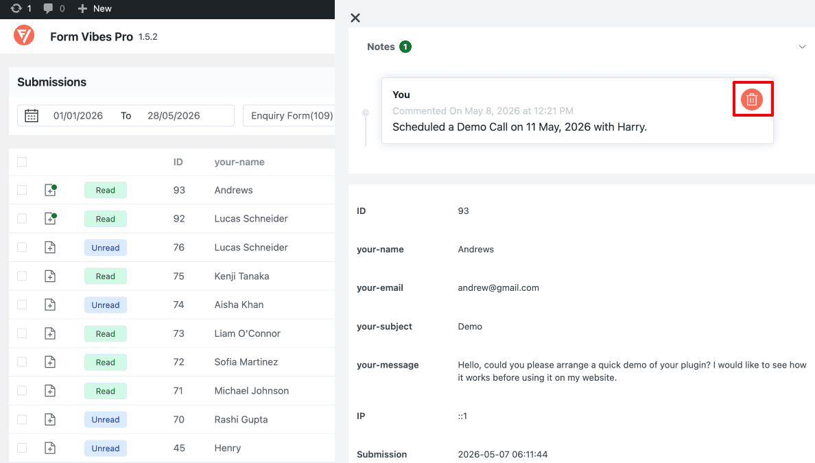 Form Vibes Notes section showing a note with the Delete Note option