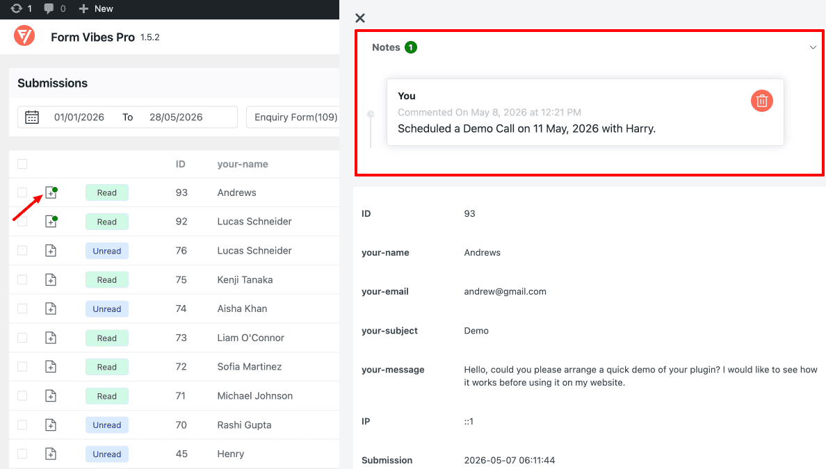 Form Vibes submission entry expanded showing note with timestamps in the Notes section