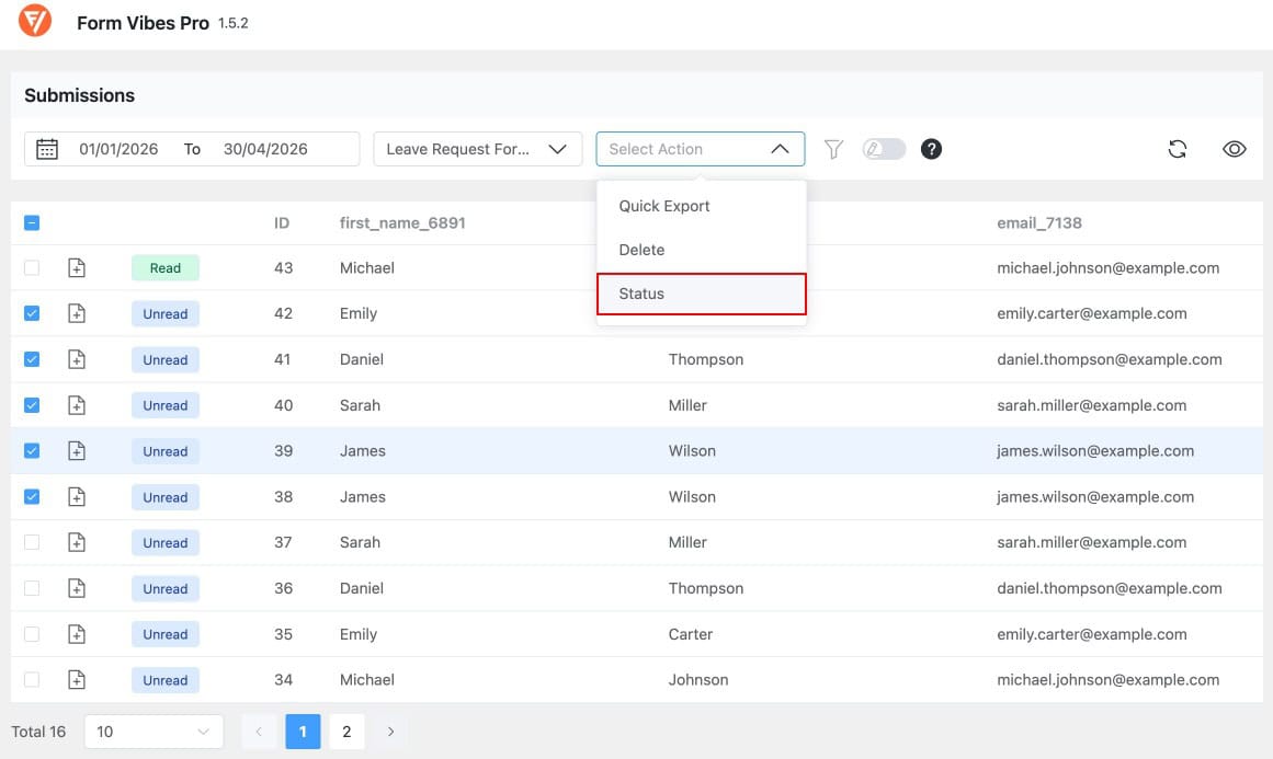 Form Vibes Submissions table with multiple entries selected and Action dropdown open for bulk status marking