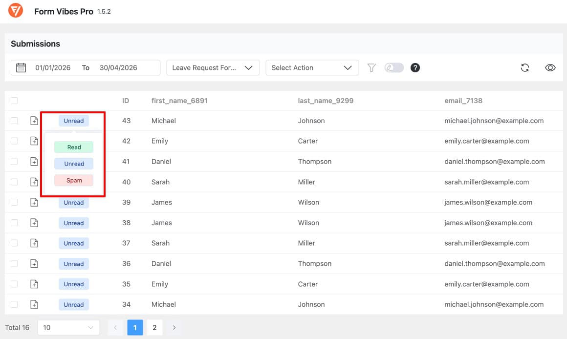 Form Vibes submission entry row with Status dropdown showing Read, Unread, and Spam options