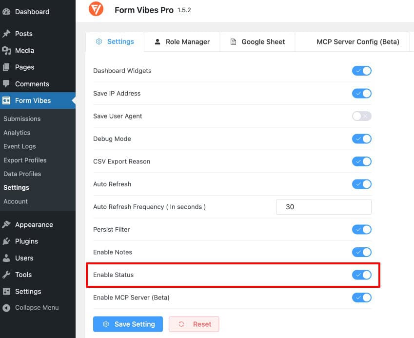 Form Vibes Settings page showing the Status module toggle enabled