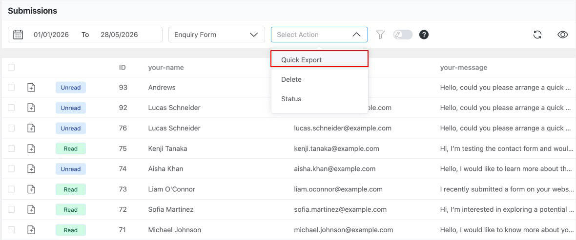 Quick Export button in the Form Vibes toolbar for downloading Bricks Builder form submissions as CSV