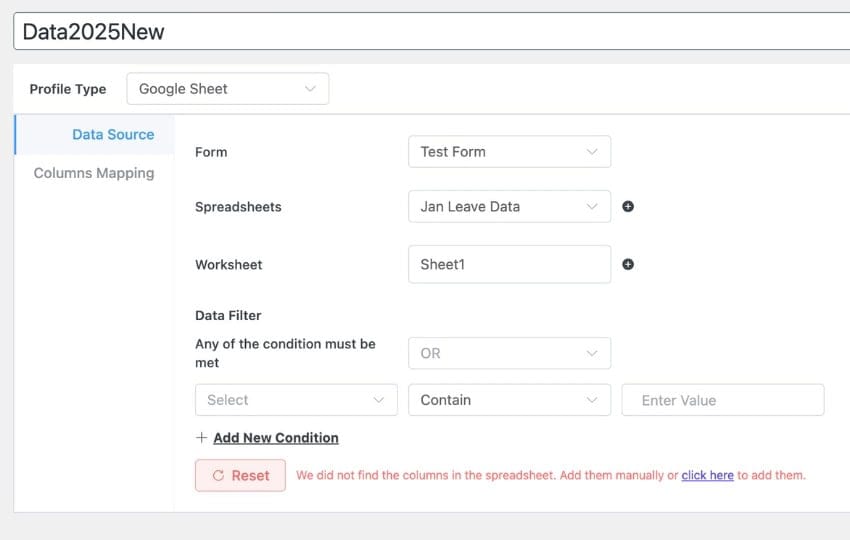 Form Vibes Export Profile setup showing Google Sheet as Profile Type with field to column mapping configured