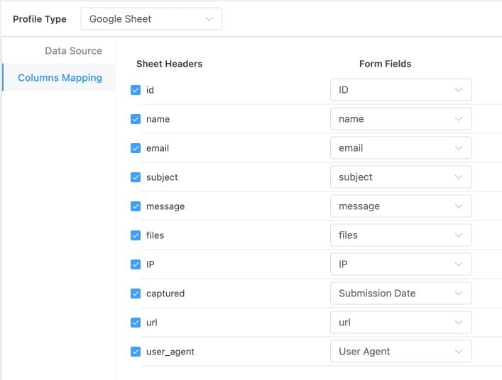 Form Vibes Export Profile setup showing fields to column mapping configured
