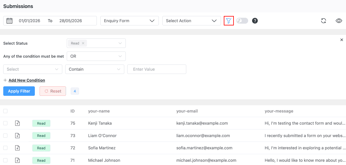 Filtering Bricks Builder form submissions by date range in the Form Vibes submissions table