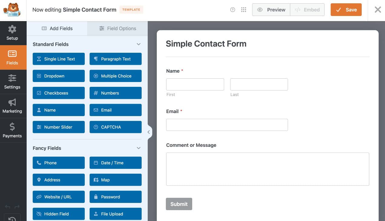 WPForms form builder showing drag-and-drop fields on the canvas