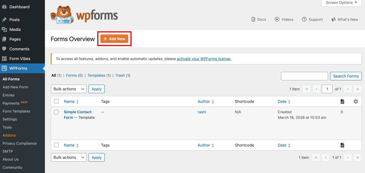 WPForms Add New button in WordPress admin
