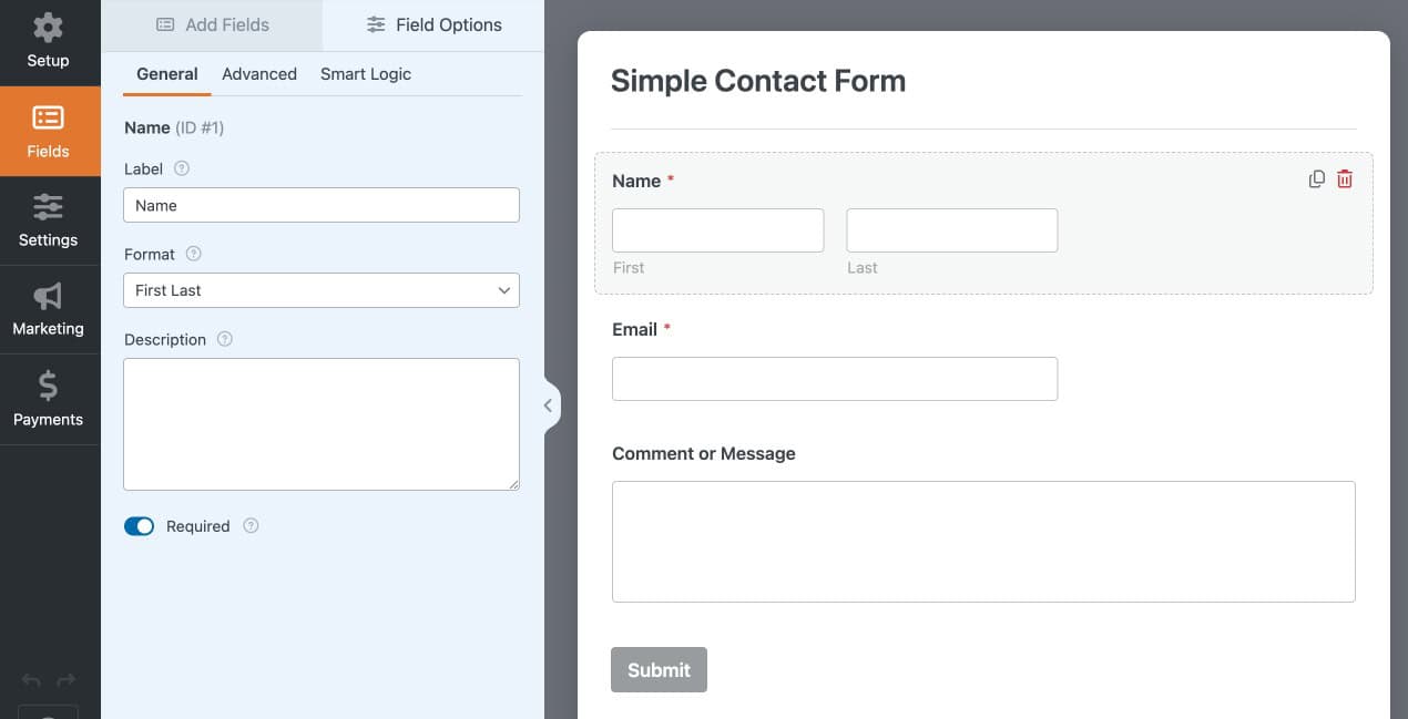 WPForms field settings panel showing label, placeholder, and required field options