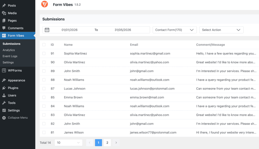 WPForms submission visible in the Form Vibes Submissions dashboard