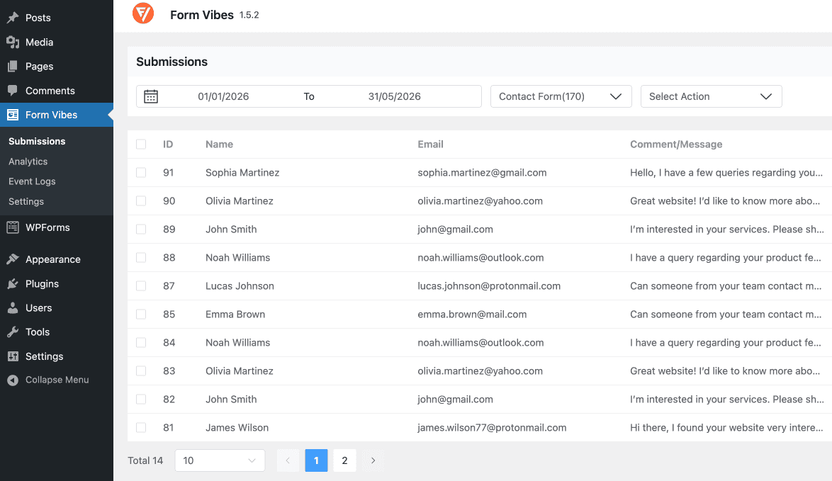 WPForms submission visible in the Form Vibes Submissions dashboard