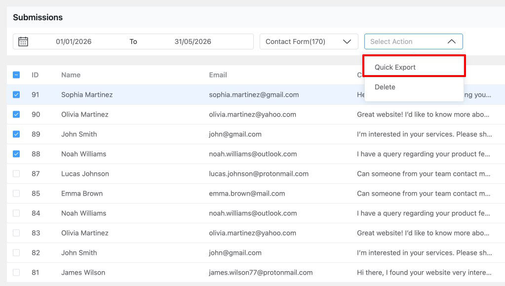 Form Vibes Quick Export button with filtered WPForms submissions ready to download