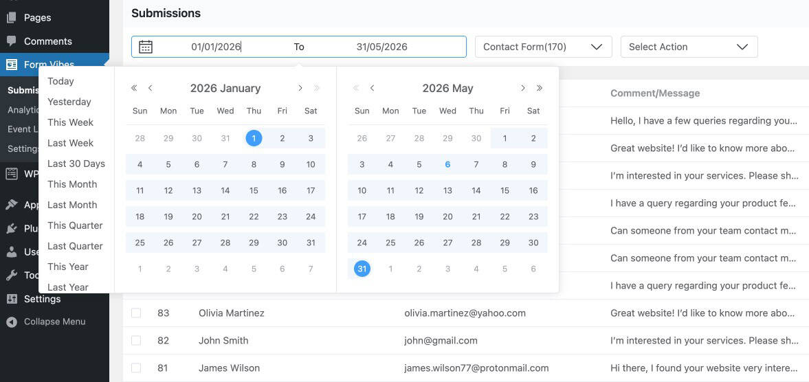 Form Vibes Submissions table with date range filter and column controls for WPForms entries