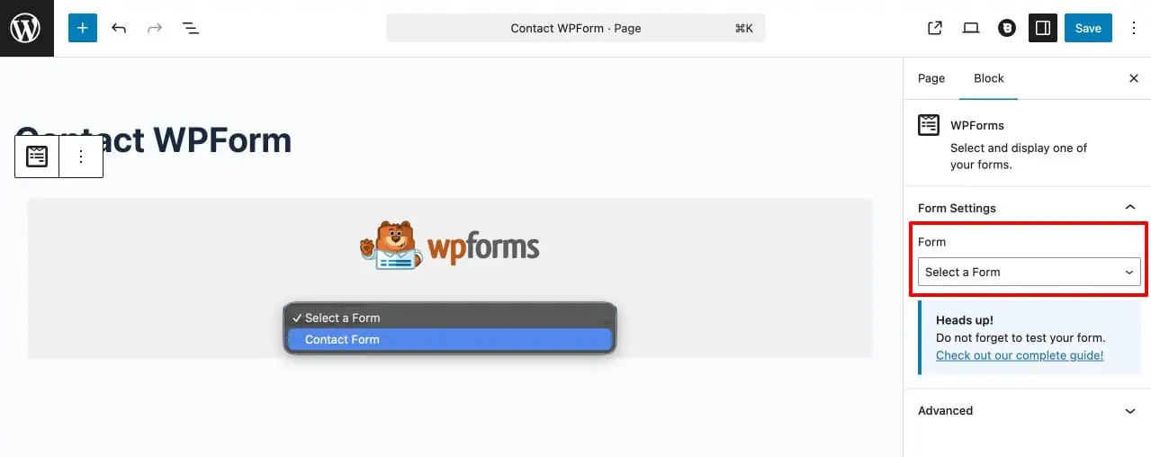 WPForms block in the WordPress block editor with a form selected from the dropdown