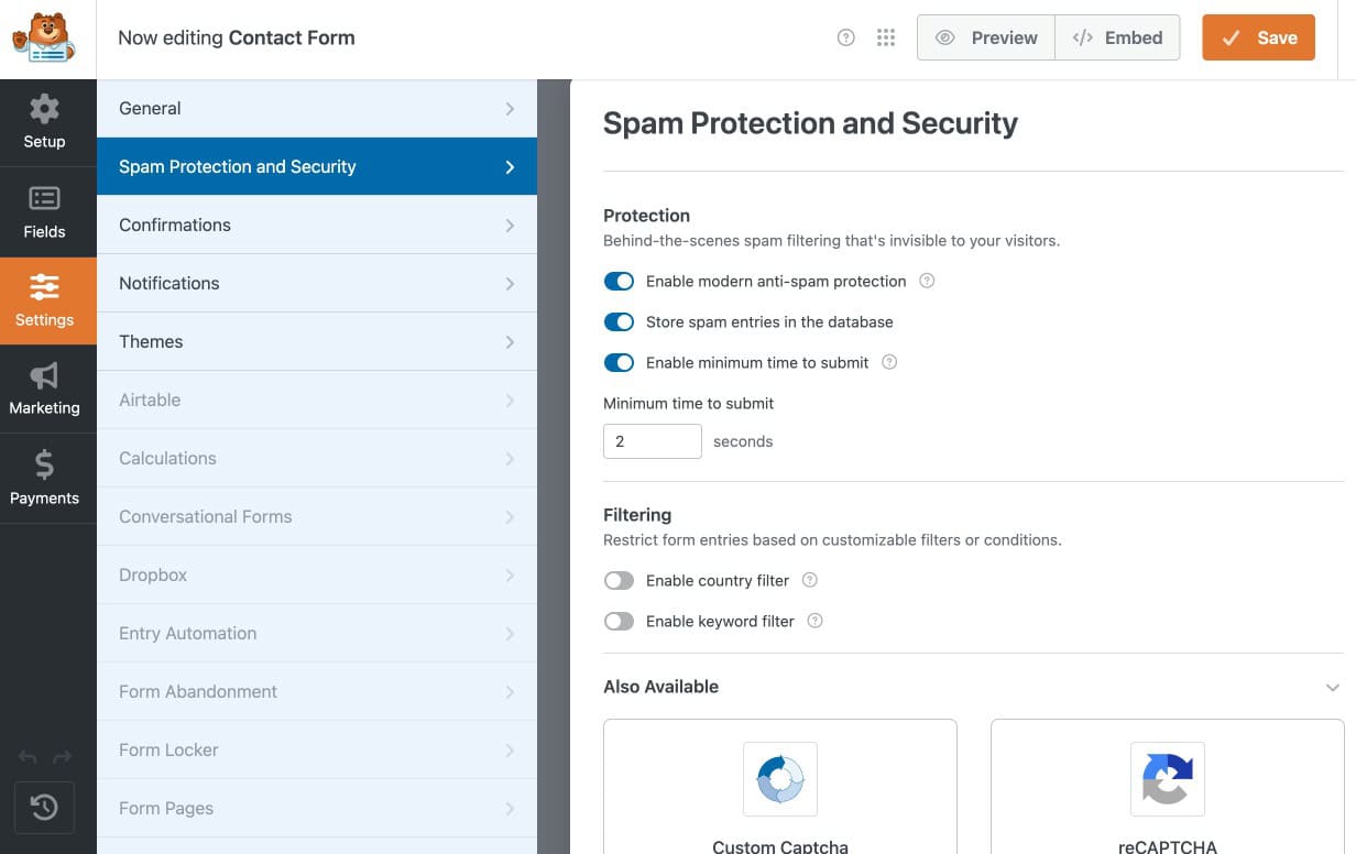 WPForms Spam Protection settings panel showing anti-spam and CAPTCHA configuration options