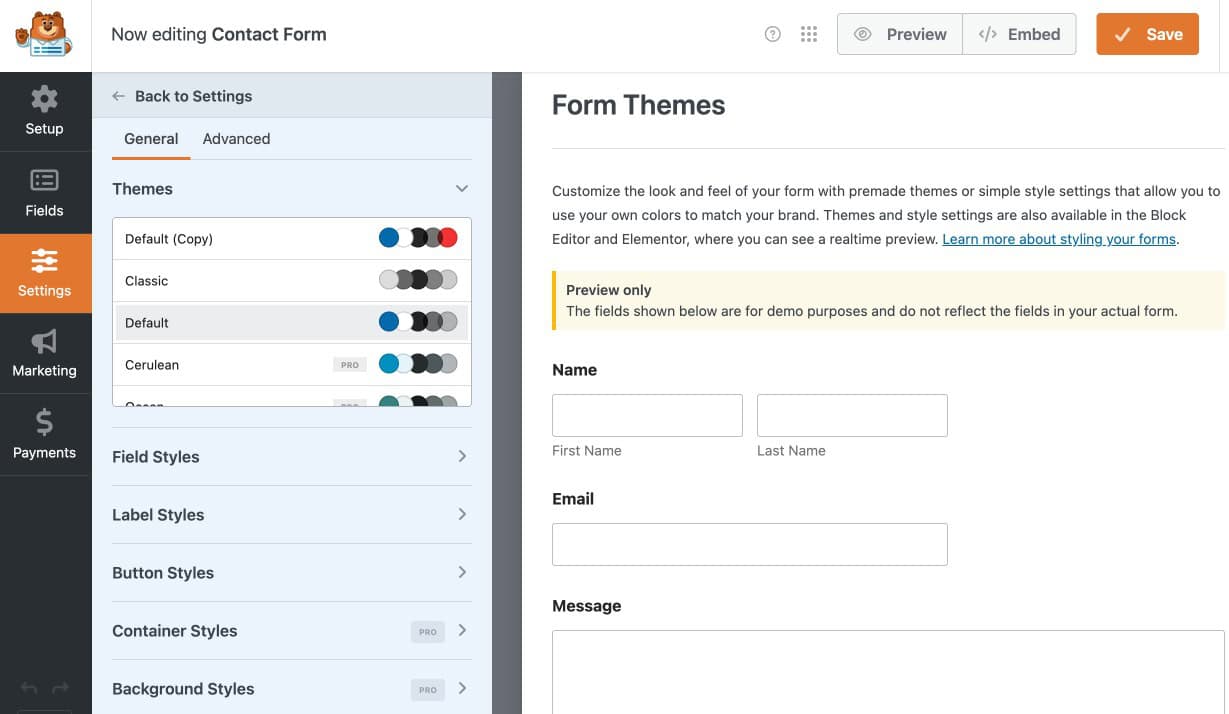 WPForms Theme Settings panel showing form colour and design customisation options