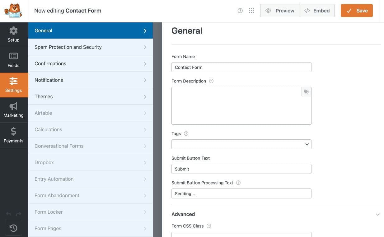 WPForms General Settings showing form name, AJAX submission, and entry purge configuration