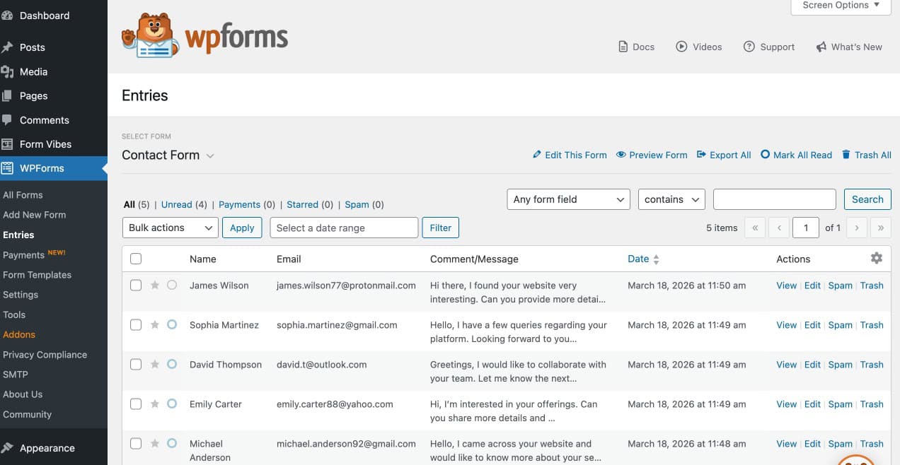 WPForms field settings panel showing label, placeholder, and required field options