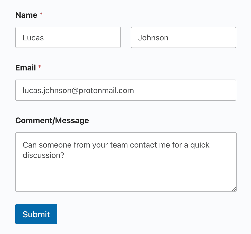 Submitting a test entry through a WPForms contact form on the frontend
