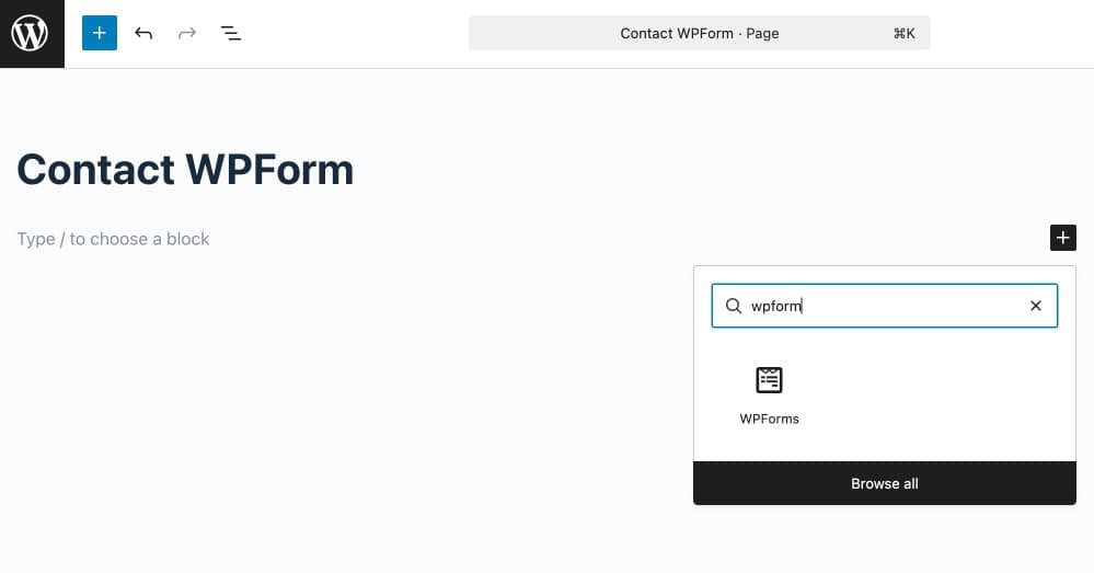 WPForms block in the WordPress block editor with a WP Form block selected