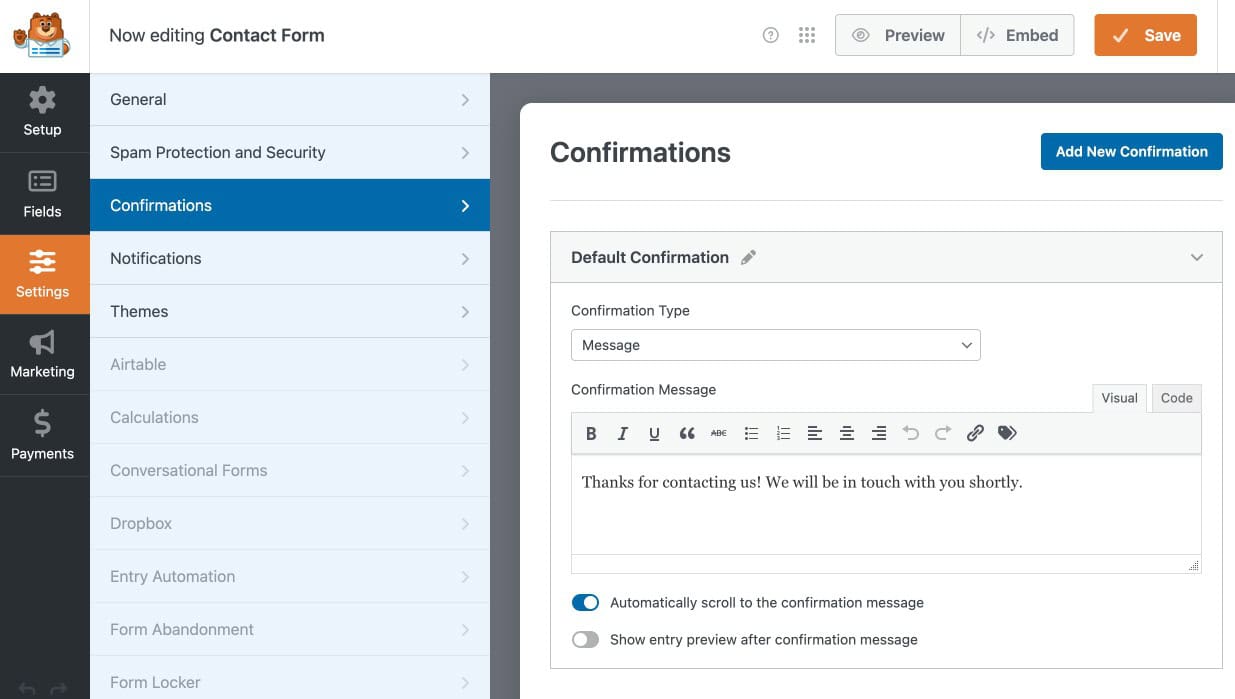 WPForms Confirmation settings panel with success message and redirect options